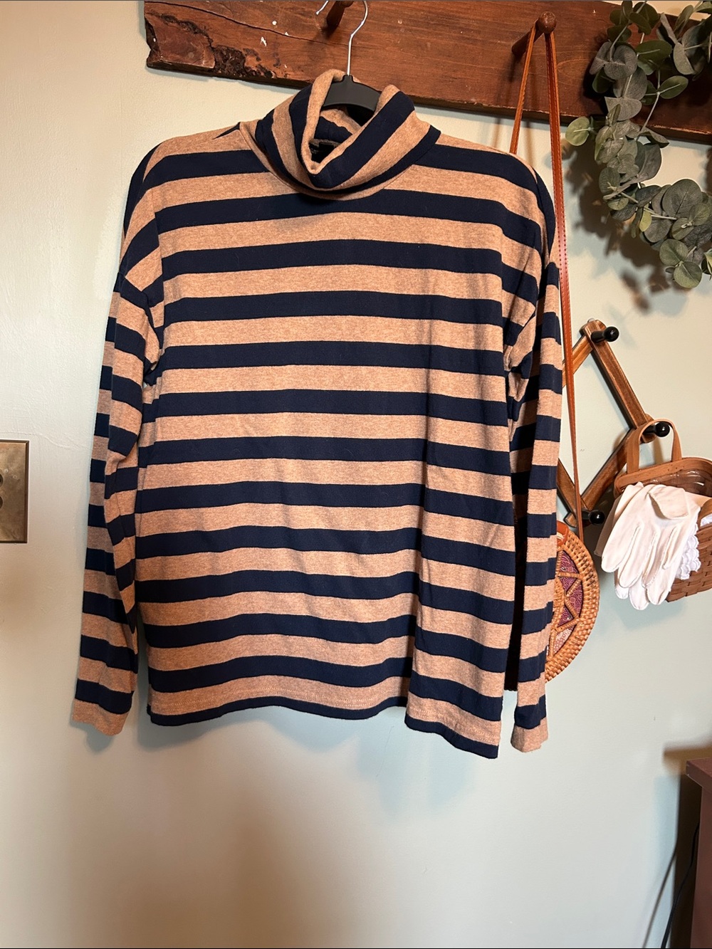 J. Crew Striped Turtleneck Sweater in Navy and Tan